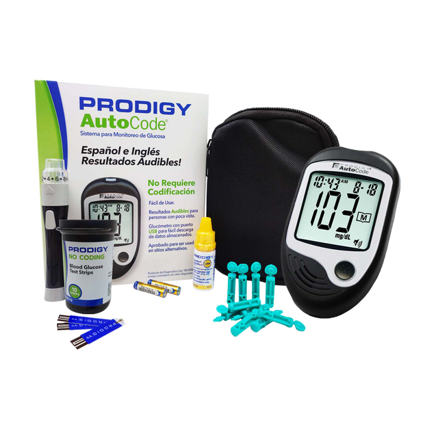 Kit Glucometro Prodigy Auto Code con Voz + 60 Tiras + 10 Lancetas