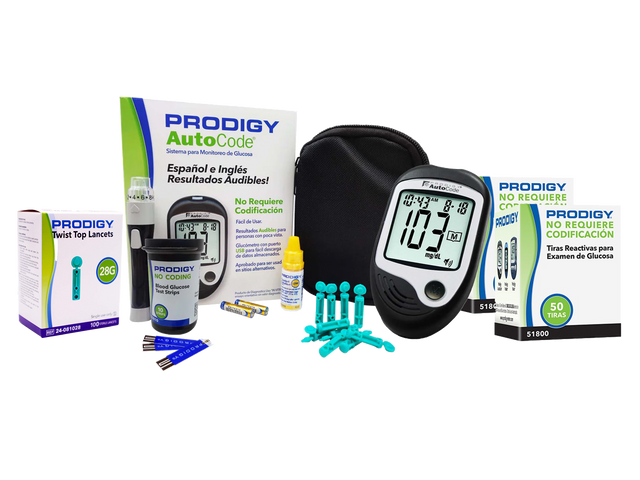 Kit Glucometro Prodigy Auto Code con Voz + 110 Tiras + 110 Lancetas